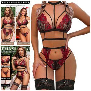 Lace Garter Lingerie Set W/Removable Choker Teddy Babydoll Strappy Bra&Panty Set